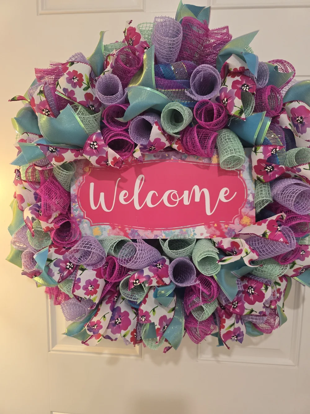 Welcome Spring Summer Floral Ribbon Wreath in Pink, Turquoise & Lavender